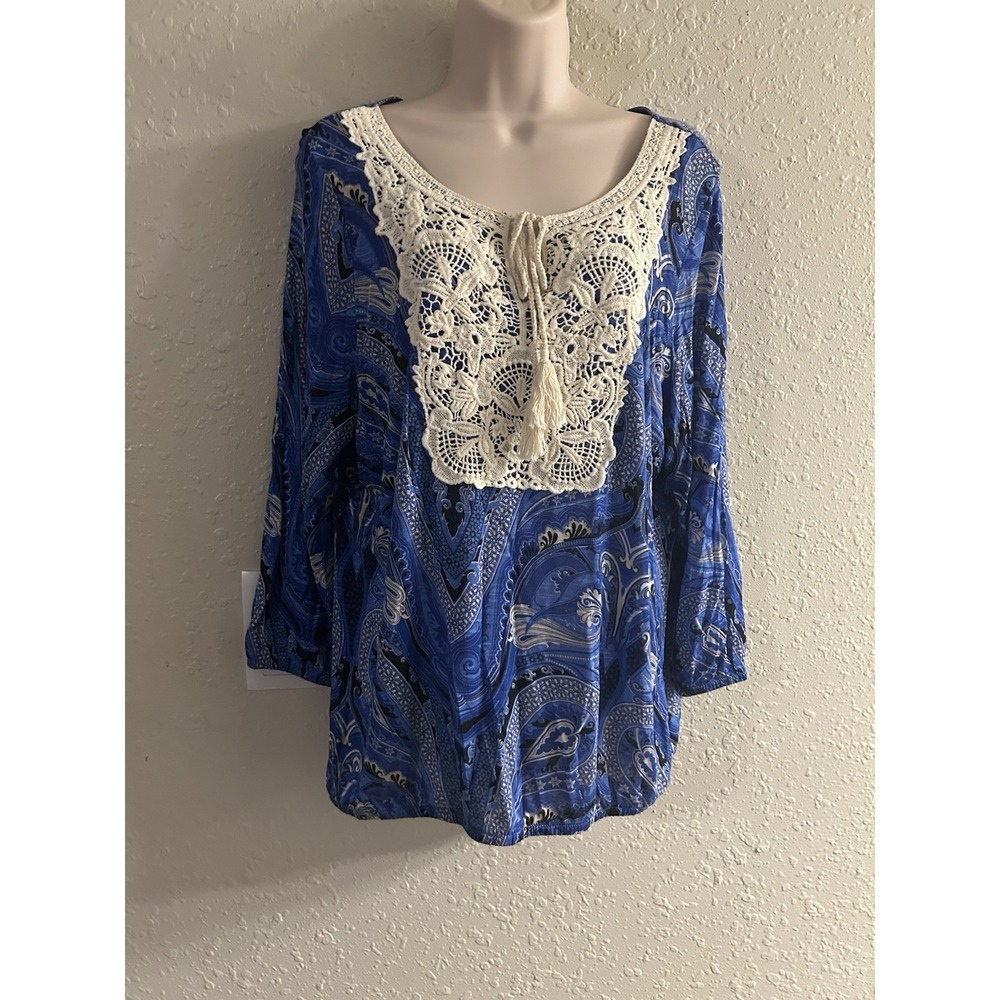 New Directions Blue Multi Paisley Crochet Lace Bib Blouse Top Large #342*8